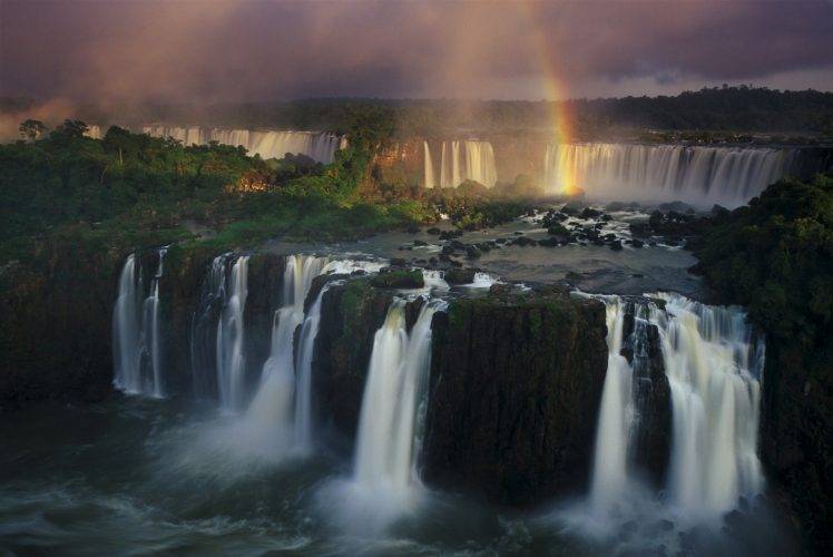 Iguazu Falls, Waterfall, River, Rainbows, Forest, Clouds, Brazil, Argentina, Landscape, Nature HD Wallpaper Desktop Background