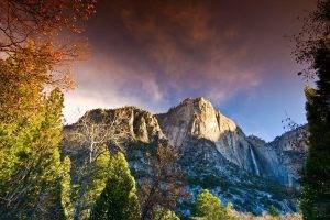 Yosemite National Park, Waterfall, Mountain, Forest, California, Sunset, Cliff, Nature, Landscape