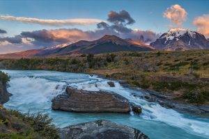 river, Waterfall, Torres Del Paine, Chile, Mountain, Shrubs, Snowy Peak, Clouds, Sunset, Nature, Landscape