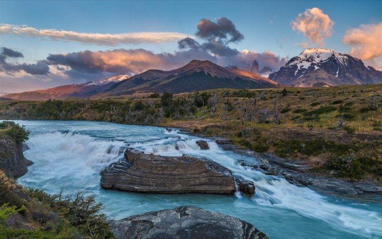 river, Waterfall, Torres Del Paine, Chile, Mountain, Shrubs, Snowy Peak, Clouds, Sunset, Nature, Landscape HD Wallpaper Desktop Background