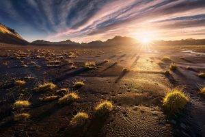 sunset, Mountain, Desert, Clouds, Grass, Nature, Landscape, Iceland