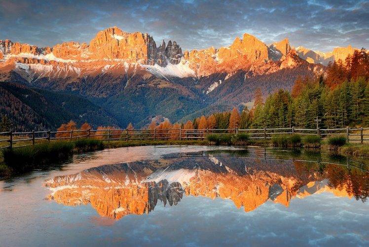 fall, Alps, Mountain, Forest, Sunset, Reflection, Fence, Snowy Peak, Nature, Landscape HD Wallpaper Desktop Background