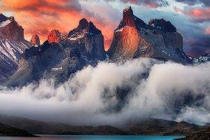 mountain, Torres Del Paine, Patagonia, Chile, Sunrise, Clouds, Lake, Nature, Landscape