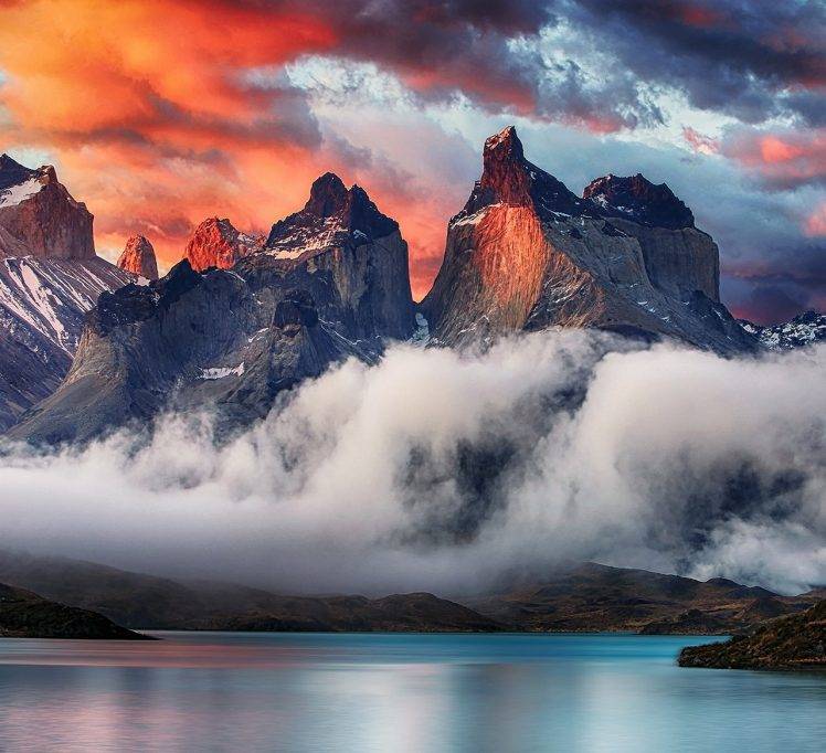 mountain, Torres Del Paine, Patagonia, Chile, Sunrise, Clouds, Lake, Nature, Landscape HD Wallpaper Desktop Background