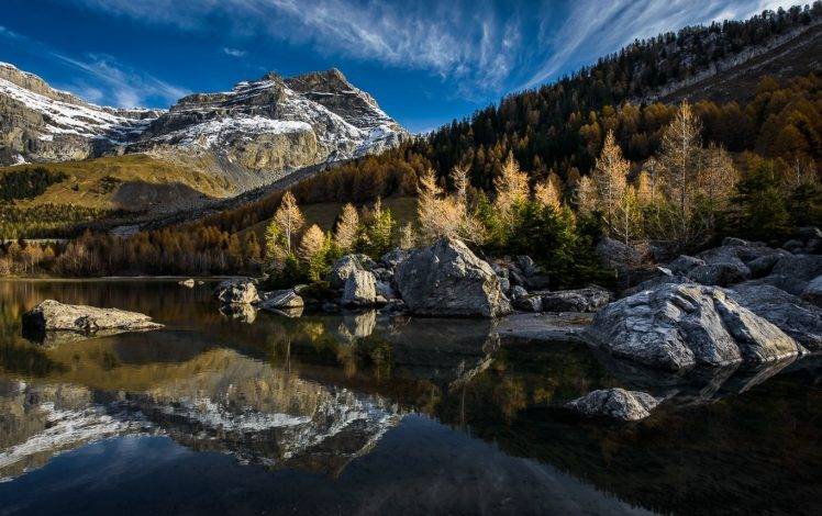 lake, Mountain, Forest, Reflection, Switzerland, Fall, Snowy Peak, Nature, Landscape HD Wallpaper Desktop Background