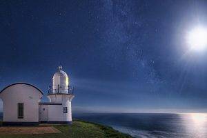 moon, Starry Night, Sea, Moonlight, Reflection, Lighthouse, Space, Blue, Nature, Landscape, Planet
