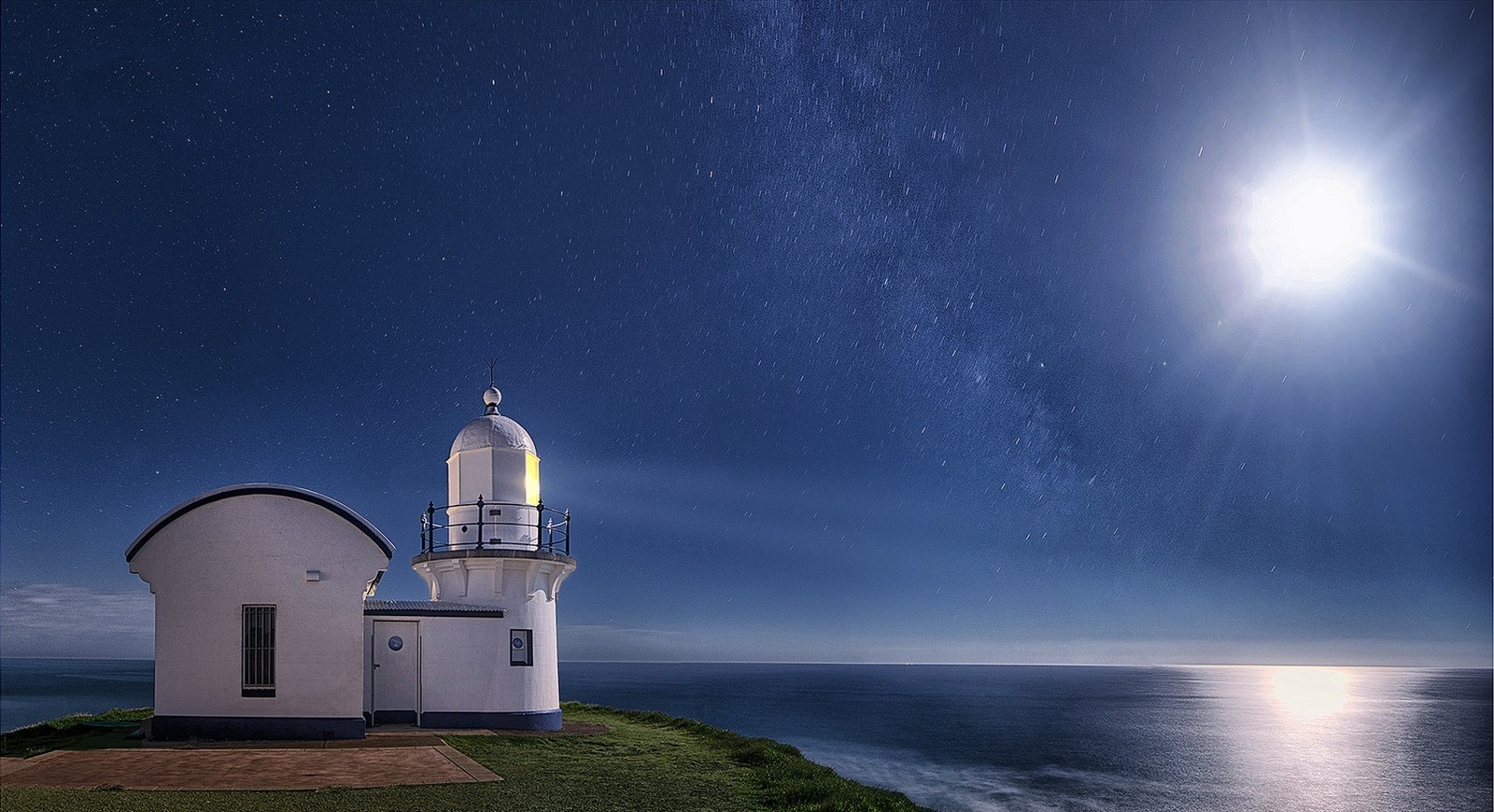 moon, Starry Night, Sea, Moonlight, Reflection, Lighthouse, Space, Blue, Nature, Landscape, Planet Wallpaper