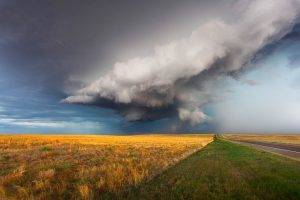 supercell (nature), Field, Road, Storm, Grass, Clouds, Nature, Landscape