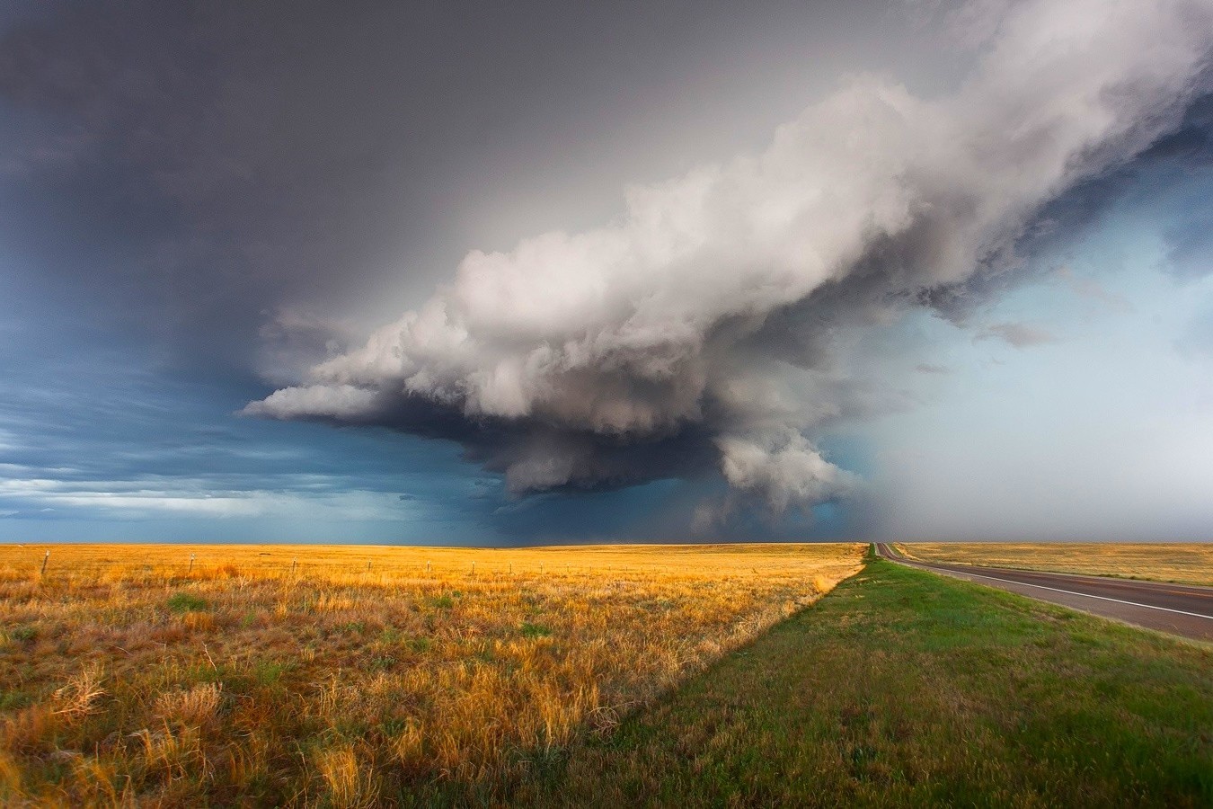 supercell (nature), Field, Road, Storm, Grass, Clouds, Nature