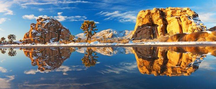 lake, Trees, Rock, Mountain, Winter, Snow, Reflection, Water, Panoramas, Morning, Nature, Landscape HD Wallpaper Desktop Background