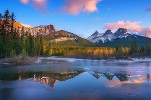 Canada, Sunrise, Mountain, Lake, Forest, Frost, Snowy Peak, Clouds, Reflection, Nature, Landscape
