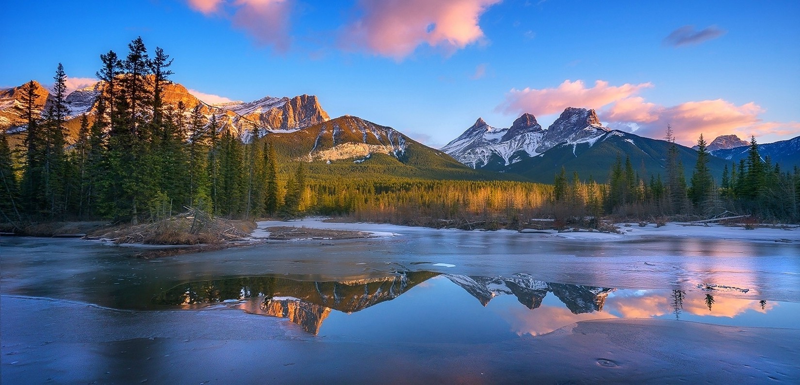 Canada, Sunrise, Mountain, Lake, Forest, Frost, Snowy Peak, Clouds, Reflection, Nature, Landscape Wallpaper