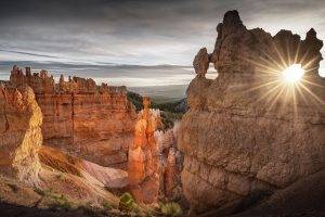 Bryce Canyon National Park, Utah, Erosion, Sunset, Sun Rays, Rock, Cliff, Trees, Nature, Landscape