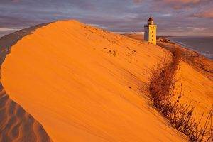 nature, Sand, Landscape, Dune, Lighthouse, Water, Sea, Clouds, Hill, Plants, Sunlight, Waves, Desert, Denmark, Rubjerg Knude Lighthouse
