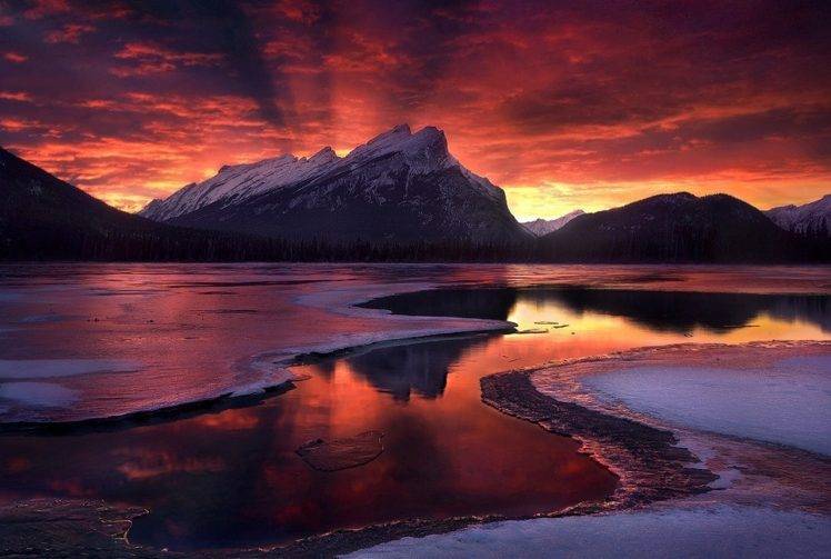 Banff National Park, Canada, Sunrise, Mountain, Forest, Winter, Clouds, Snowy Peak, Frost, Lake, Ice, Nature, Landscape HD Wallpaper Desktop Background