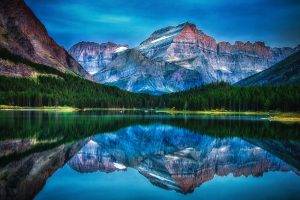 lake, Mountain, Forest, Reflection, Water, Sunrise, Morning, Summer, Glacier National Park, Montana, Landscape, Nature
