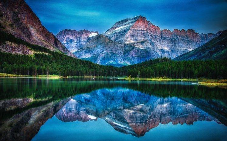 lake, Mountain, Forest, Reflection, Water, Sunrise, Morning, Summer, Glacier National Park, Montana, Landscape, Nature HD Wallpaper Desktop Background
