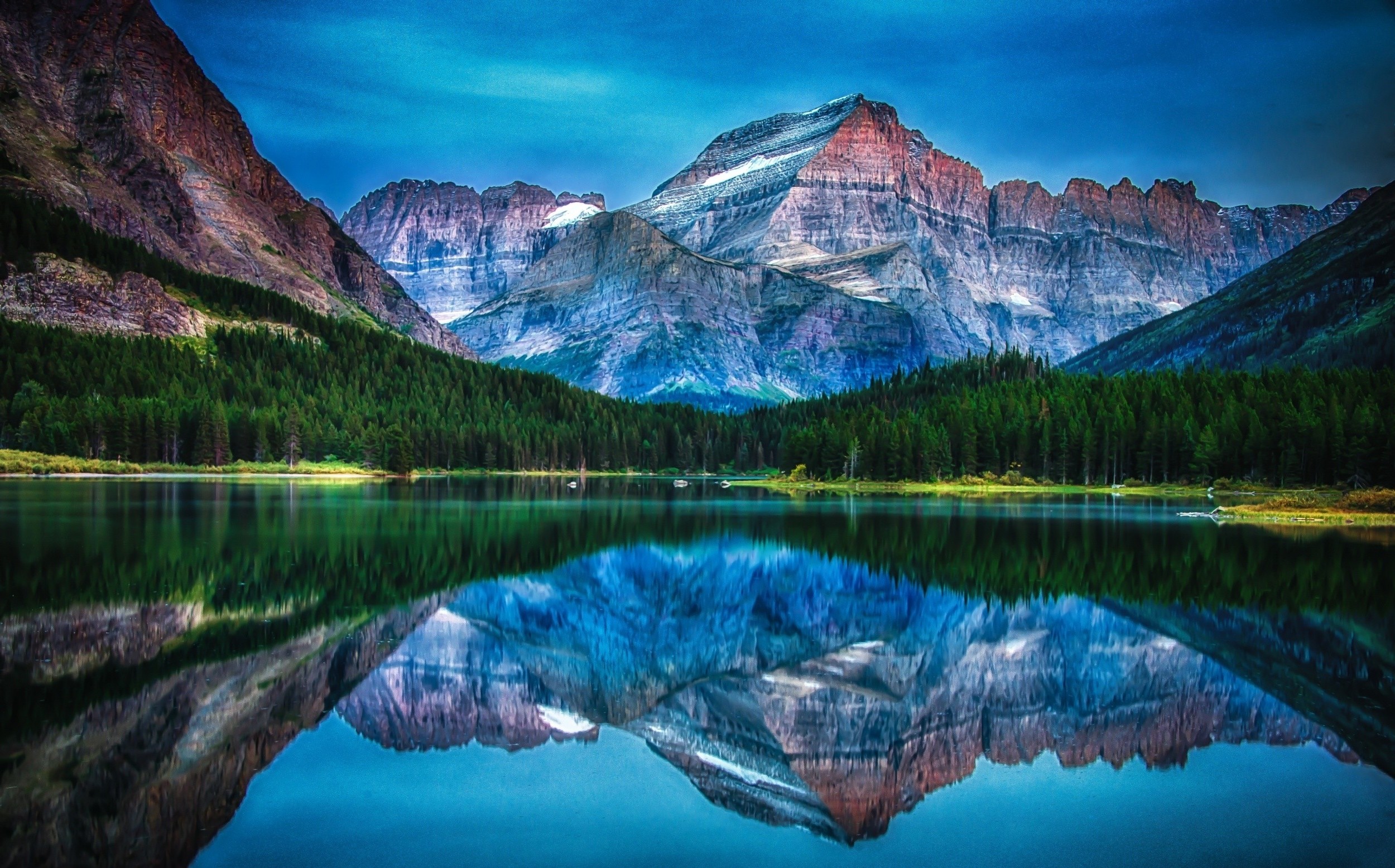 Lake Mountain Forest Reflection Water Sunrise Morning Summer Glacier National Park