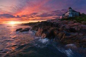 coast, Maine, Rock, House, Sunrise, Sea, Nature, Landscape
