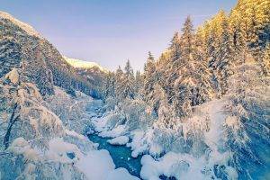 Alps, Sunrise, Winter, Mountain, Forest, Snow, River, White, Landscape, Nature