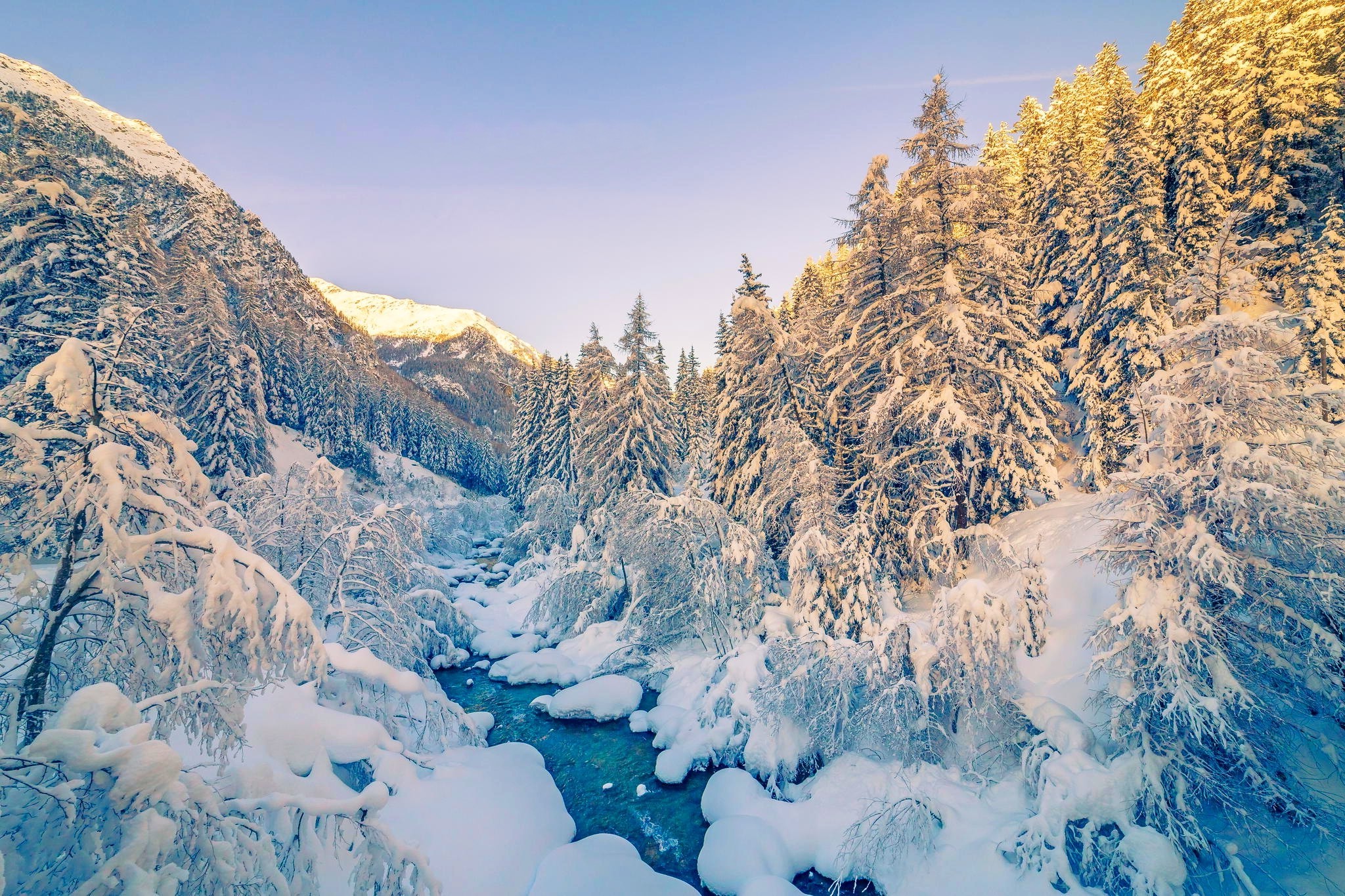 Alps, Sunrise, Winter, Mountain, Forest, Snow, River, White, Landscape, Nature Wallpaper