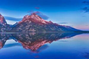 mountain, Lake, Reflection, Snowy Peak, Sunrise, Water, Blue, Forest, Nature, Landscape