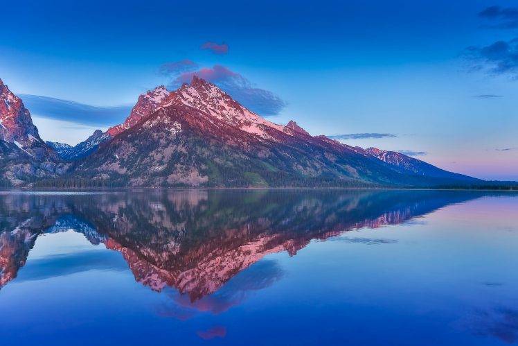 mountain, Lake, Reflection, Snowy Peak, Sunrise, Water, Blue, Forest, Nature, Landscape HD Wallpaper Desktop Background