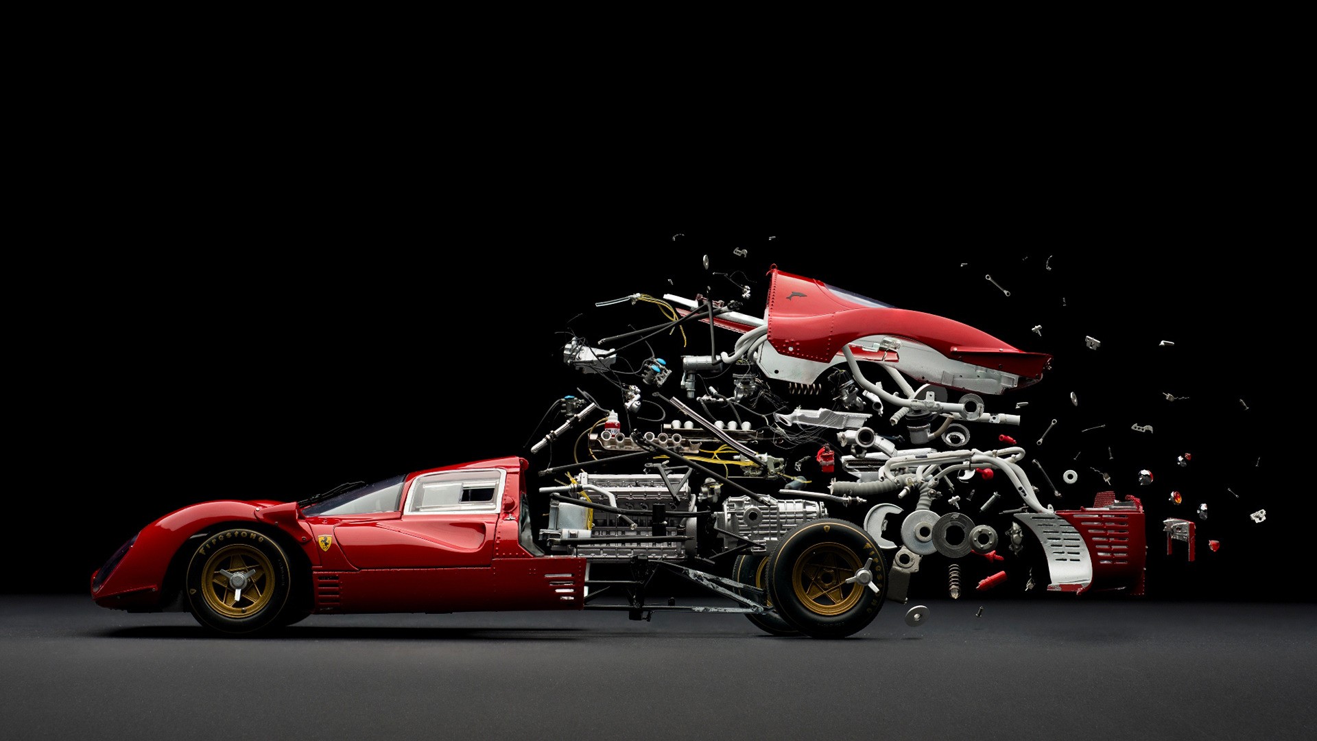 Ferrari, Photo Manipulation, Engines, Gears, Motors, Wheels, Pipes, Brake, Black Background Wallpaper