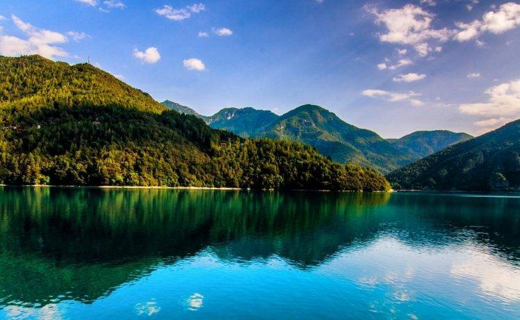 Italy, Lake, Mountain, Forest, Water, Reflection, Summer, Green, Nature, Landscape HD Wallpaper Desktop Background