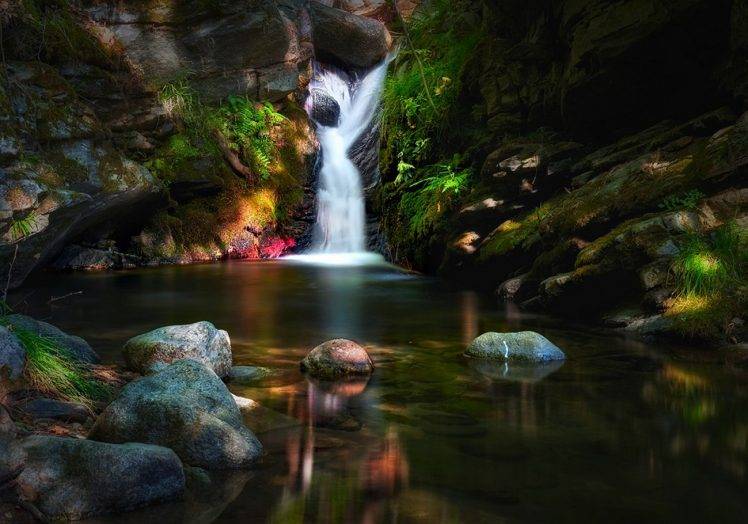 stones, Waterfall, Moss, Grass, Creeks, Long Exposure, Nature, Landscape HD Wallpaper Desktop Background