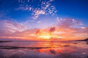 panoramas, Beach, Sunrise, Bridge, Florida, Sea, Clouds, Reflection, Nature, Landscape, Yellow, Blue