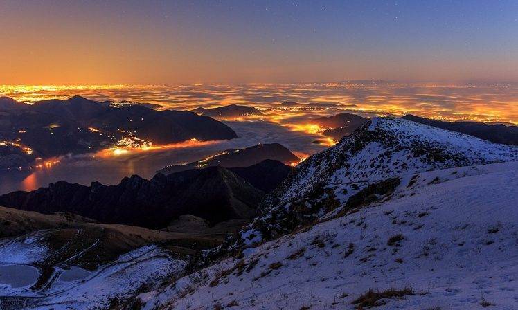 mountain, Snow, Night, Mist, Lights, Stars, Cityscape, Nature, Landscape HD Wallpaper Desktop Background