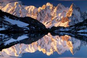 mountain, Lake, Winter, Sunrise, Snowy Peak, Nature, Landscape