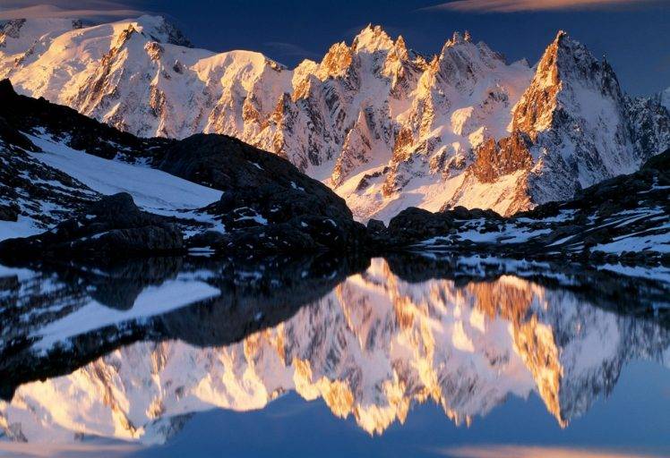 mountain, Lake, Winter, Sunrise, Snowy Peak, Nature, Landscape HD Wallpaper Desktop Background