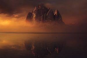 mountain, Lake, Sunset, Reflection, Clouds, Mist, Gold, Cliff, Water, Nature, Landscape