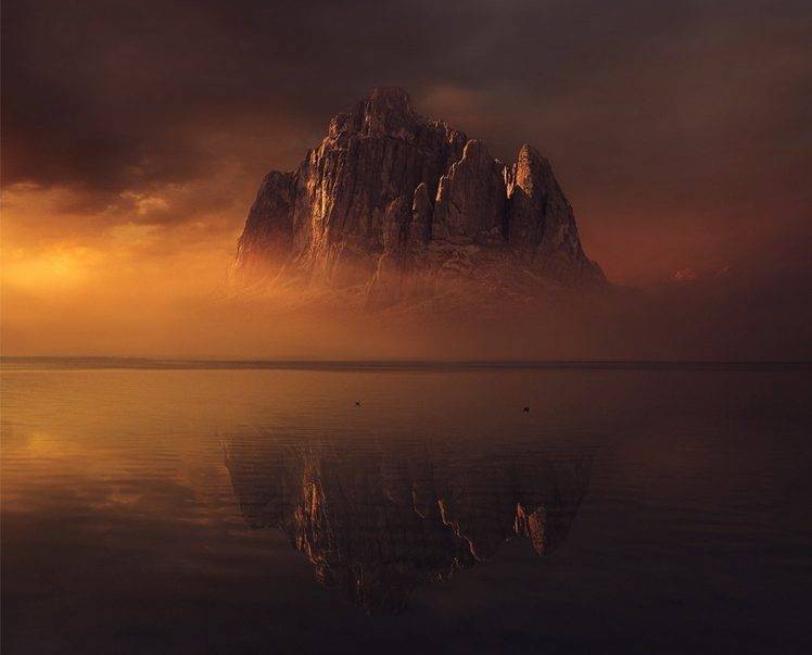 mountain, Lake, Sunset, Reflection, Clouds, Mist, Gold, Cliff, Water, Nature, Landscape HD Wallpaper Desktop Background