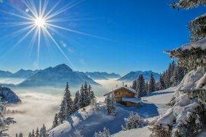 winter, Sun Rays, Cottage, Snow, Mountain, Forest, Snowy Peak, Blue, Landscape, Nature