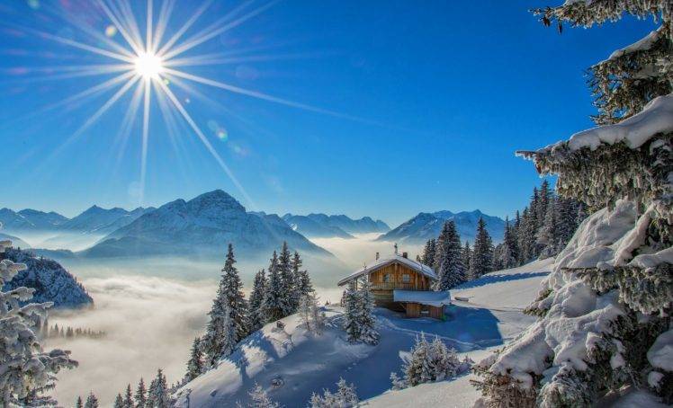 winter, Sun Rays, Cottage, Snow, Mountain, Forest, Snowy Peak, Blue, Landscape, Nature HD Wallpaper Desktop Background