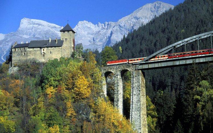 nature, Landscape, Bridge, Train, Castle, Austria, Tyrol HD Wallpaper Desktop Background