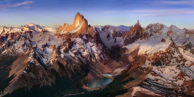 mountain, Lake, Sunrise, Snowy Peak, Andes, Patagonia, Argentina, Aerial View, Nature, Landscape HD Wallpaper Desktop Background