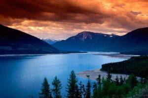 sunset, Clouds, Mountain, Lake, Forest, Gold, Blue, Water, Green, Nature, Landscape