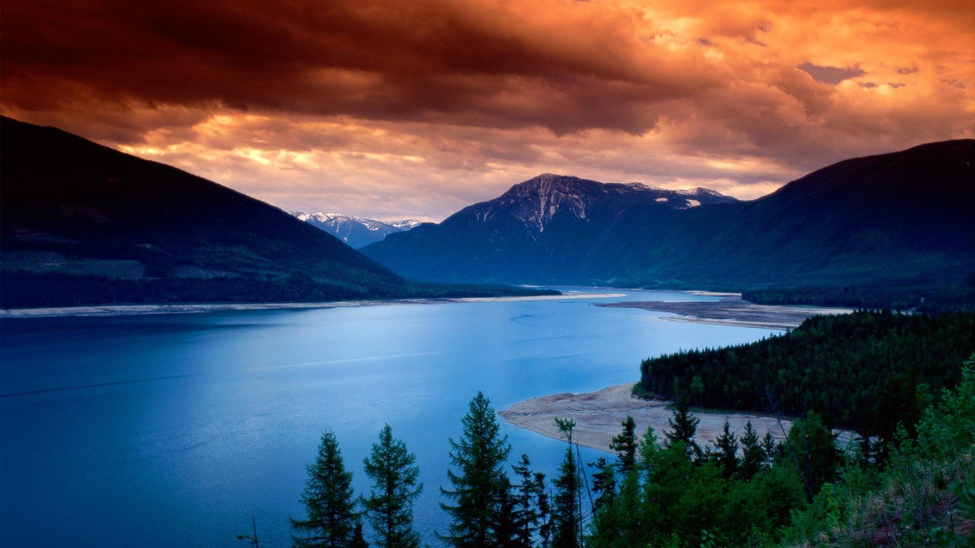 sunset, Clouds, Mountain, Lake, Forest, Gold, Blue, Water, Green, Nature, Landscape Wallpaper