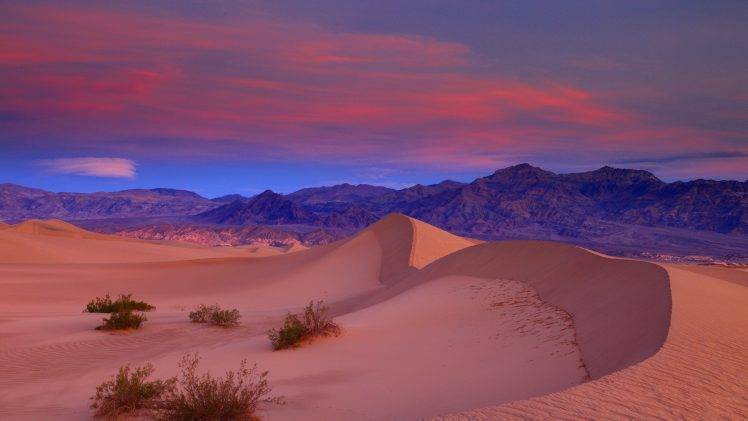 nature, Landscape, Sand, Desert, Death Valley, California, USA, Clouds, Mountain, Sunset, Dune, Plants HD Wallpaper Desktop Background