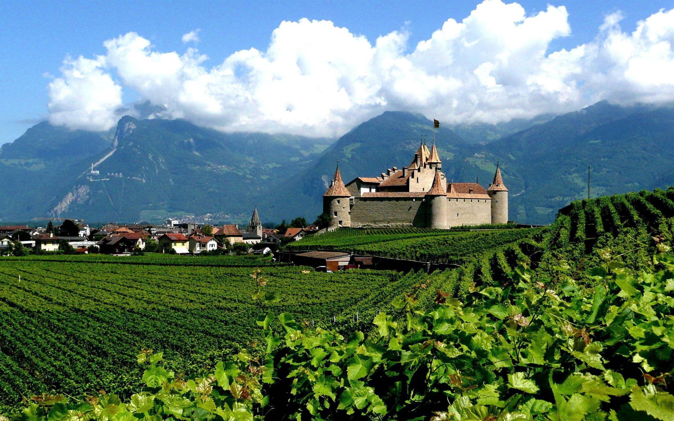 nature, Landscape, Castle, Switzerland, Field, Mountain, Clouds Wallpaper
