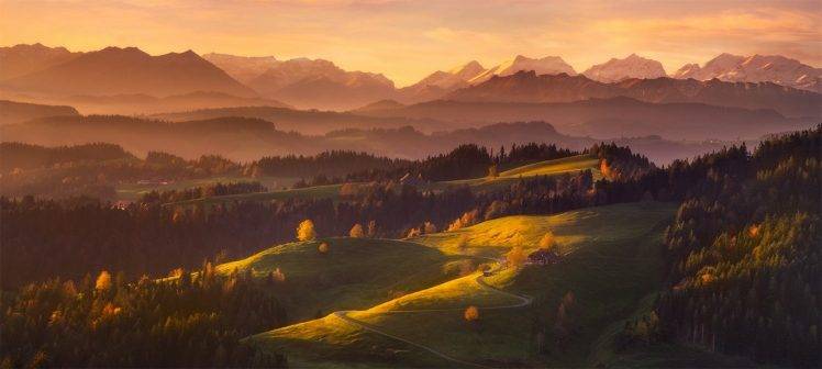 morning, Mountain, Forest, Switzerland, Sunrise, Mist, Villages, Snowy Peak, Grass, Panoramas, Landscape, Nature HD Wallpaper Desktop Background