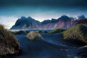 mountain, Beach, Black, Sand, Dune, Iceland, Cliff, Grass, Clouds, Landscape, Nature