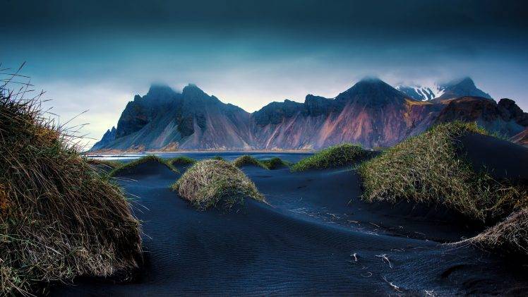 mountain, Beach, Black, Sand, Dune, Iceland, Cliff, Grass, Clouds, Landscape, Nature HD Wallpaper Desktop Background