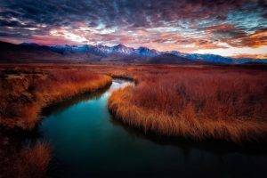 mountain, River, Clouds, Sunrise, Grass, California, Snowy Peak, Red, Blue, Nature, Landscape