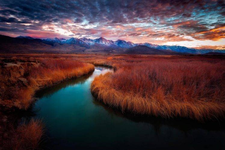 mountain, River, Clouds, Sunrise, Grass, California, Snowy Peak, Red, Blue, Nature, Landscape HD Wallpaper Desktop Background