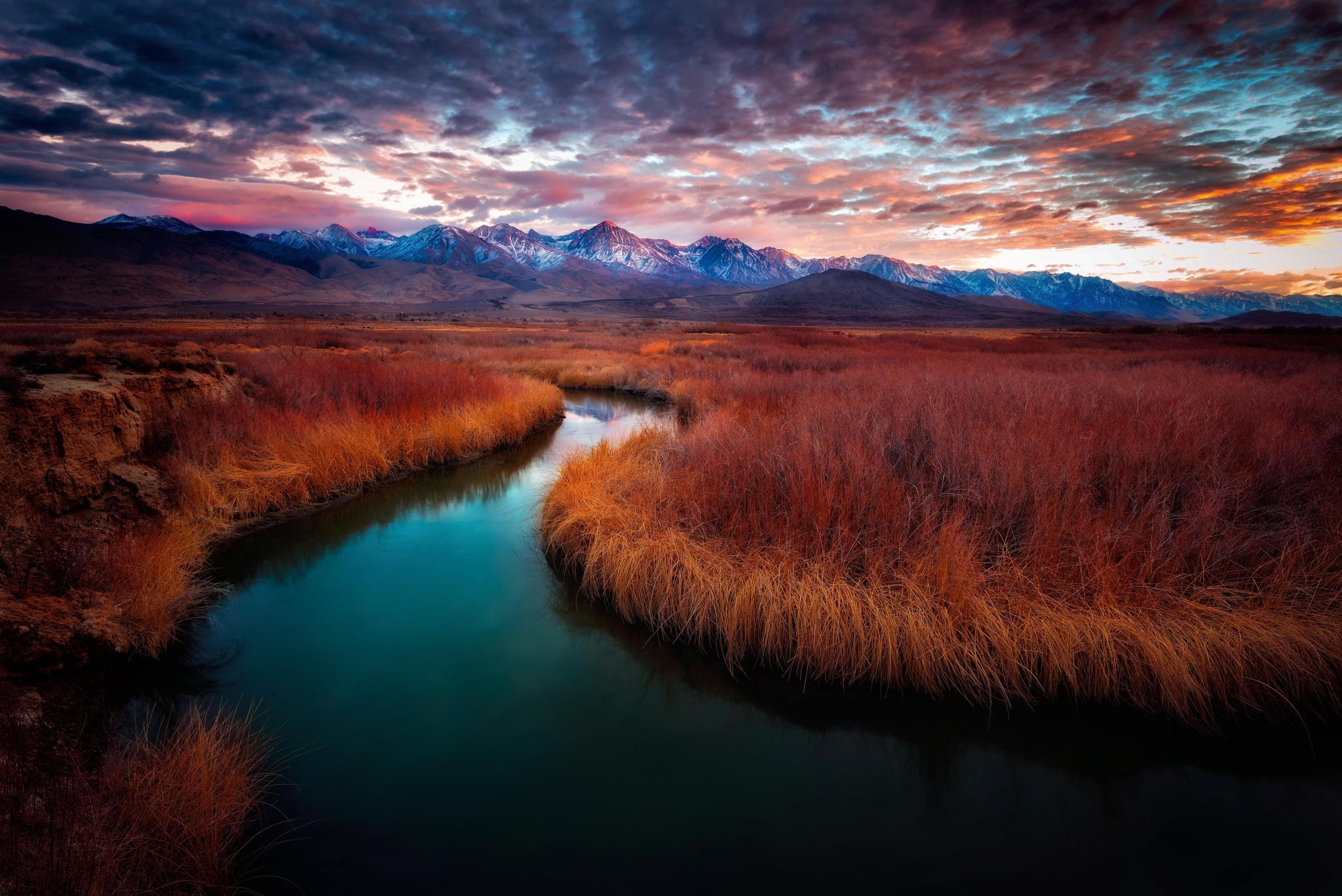 mountain, River, Clouds, Sunrise, Grass, California, Snowy Peak, Red, Blue, Nature, Landscape Wallpaper